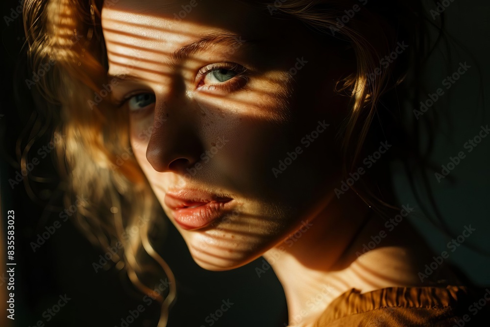 Wall mural woman with natural uneven skin tone illuminated by dramatic window light and shadow at night authent