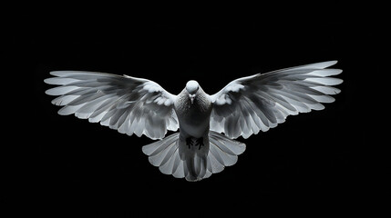 A dove captured in mid-flight against a black background, symbolizing peace, hope, and purity. Ideal for campaigns focused on peace initiatives, freedom, spirituality, and inspirational messages - Powered by Adobe