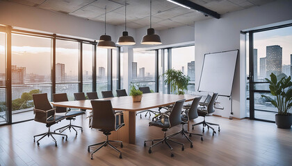 Fototapeta premium Modern office space overlooking a cityscape bathed in the glow of a setting sun