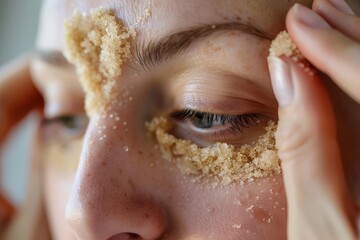 young woman applying natural facial scrub skincare closeup