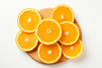 Fototapeta premium Top view of orange slices on wooden plate isolated on white background