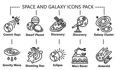 Space and Galaxy black outline icons pack, related to education and technology theme. use for modern concept, web and app development.