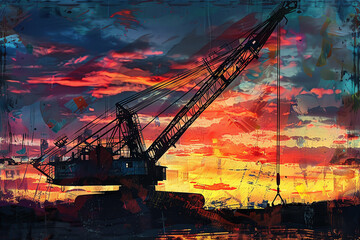 Long shot of a colossal crane silhouetted against a vibrant sunset
