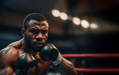 Boxer looking fiercely at the camera with high guard. Black fighter with angry expression in the ring. Copy space