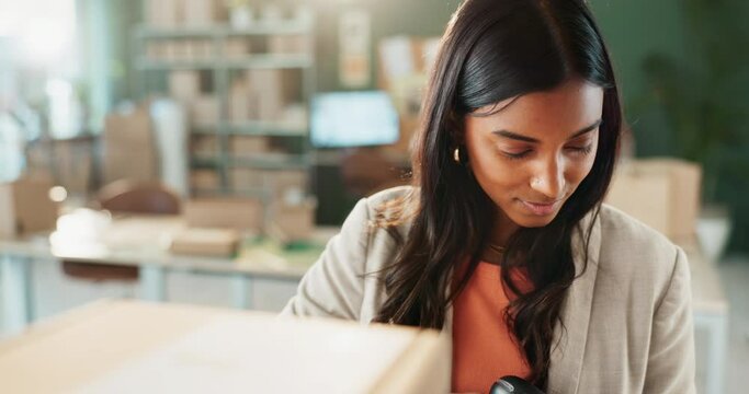 Package, scanning and woman for online order service, ecommerce and small business owner. Retail, supply chain and shipping merchandise, CCD reader and boxes for cargo and seller with inventory