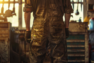 Rear view of a mechanic, oil-stained overalls, detailed toolbox nearby, photorealistic rendering, warm lighting, garage atmosphere, subtle bokeh background