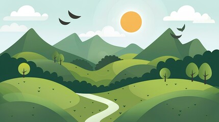 Obraz premium green hills and mountains with sun, clouds, birds in the sky, winding path on a light blue background, simple shapes, minimalist style, bright colors, cute cartoon design