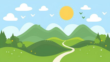 green hills and mountains with sun, clouds, birds in the sky, winding path on a light blue background, simple shapes, minimalist style, bright colors, cute cartoon design