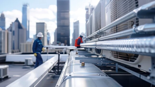 Construction workers install and maintain HVAC pipe systems on the roof of a building.