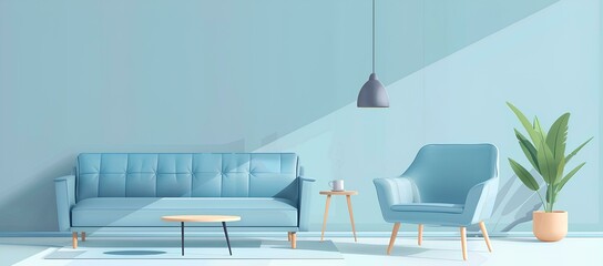 Flat design illustration of interior living room with blue sofa, armchair and window. Home decor background for web banner template design. Interior concept. cartoon simple minimalism