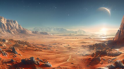 panoramic view of the Martian landscape within the Solar System with Olympus Mons and Valles Marineris visible in the distance
