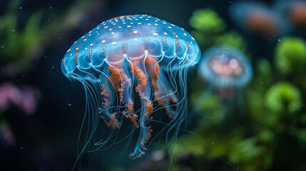 Close-Up of Vibrant Jellyfish Underwater with Other Jellyfish in the Background