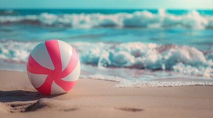 Obraz premium A beach ball with white and pink stripes is lying on the sand of an exotic, beautiful sandy shore. The background features azure water and waves. generative AI