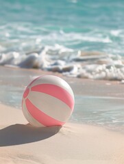 Obraz premium A beach ball with white and pink stripes is lying on the sand of an exotic, beautiful sandy shore. The background features azure water and waves. generative AI