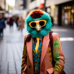 a portrait of cute bird in suit with an umbrella and colorful scarf