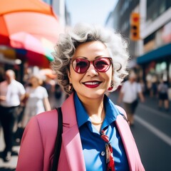 senior woman in stylish clothes with colorful hair walking the city