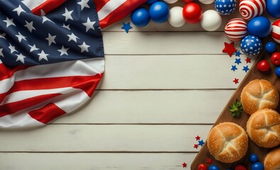 Obraz premium 4th July themed decoration with delicious buns on a plate, ball ornaments, stars and American flag ,on a white rustic wooden background, top view, copy space for text