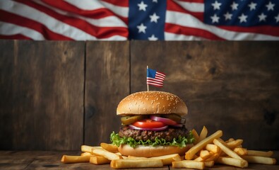 A hamburger with an American flag stuck on it from above, surrounded by fresh French fries, an USA flag waving behind, 4th July food, on a brown rustic wooden background, top view, copy space for text