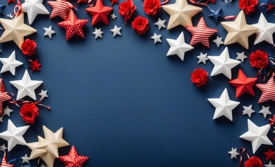 Red, white, and blue stars on a navy blue background with colorful stars and flowers border, 4th of July themed festive decoration, top view, copy space for text