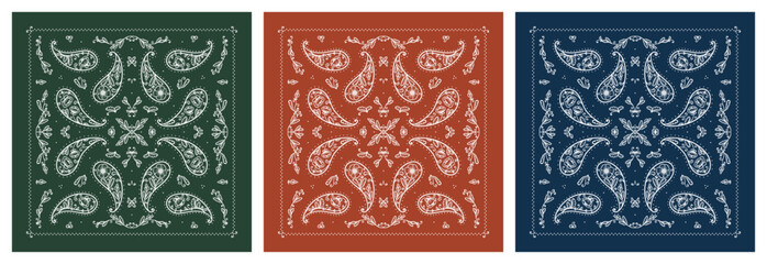 Vector Set of Paisley Bandana Prints. Vector White Floral Ornament Pattern on Square Dark Green, Navy Blue and Brick Red Colors with Poppy Flowers. Silk Neck Scarf, Headscarf, Kerchief
