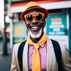 portrait of smiling african american businessman in sunglasses