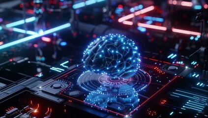 Fototapeta premium 3D rendering of an AI brain surrounded by digital connections on top of high-tech computer equipment, symbolizing the power and intelligence in artificial intelligence.