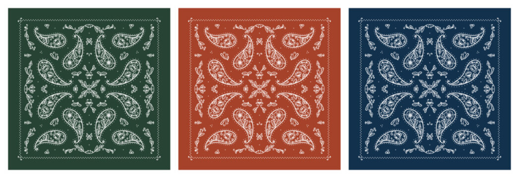 Vector Set of Paisley Bandana Prints. Vector White Floral Ornament Pattern on Square Dark Green, Navy Blue and Brick Red Colors with Poppy Flowers. Silk Neck Scarf, Headscarf, Kerchief