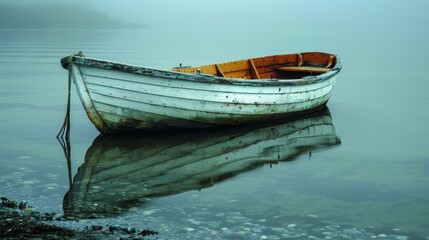 A serene, early morning landscape featuring a weathered, white wooden rowboat resting calmly on the...