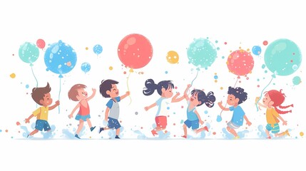 Illustrate a flat design of kids having a water balloon fight
