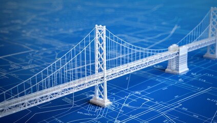 3d white model of the bay bridge on blue blueprint background, high resolution photography