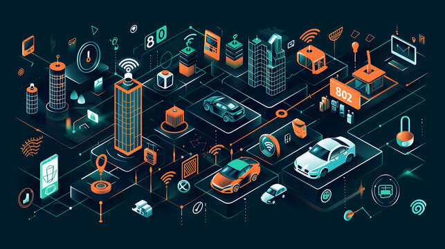 A futuristic cityscape with a car and a building with the number 807
