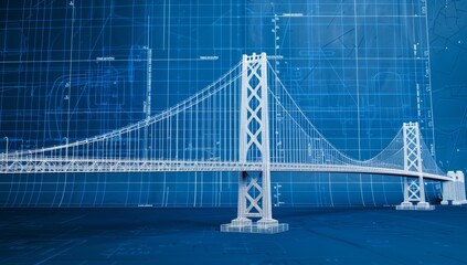 Obraz premium 3d white model of the bay bridge on blue blueprint background, high resolution photography