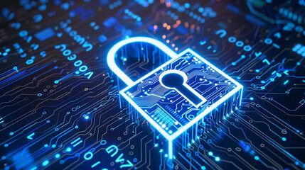 A blue and orange computer chip with a keyhole in the middle