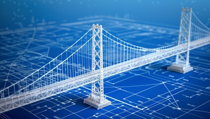 3d white model of the bay bridge on blue blueprint background, high resolution photography