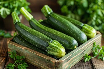 A wooden produce box filled with fresh, green zucchinis surrounded by leafy vegetables in a rustic kitchen setting, emphasizing natural, healthy eating
