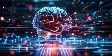 Obraz premium 3D rendering of an AI brain surrounded by digital connections on top of high-tech computer equipment, symbolizing the power and intelligence in artificial intelligence.