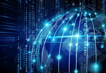Fototapeta premium Digital blue background with glowing lines and binary code on the globe, symbolizing the global network connection technology concept