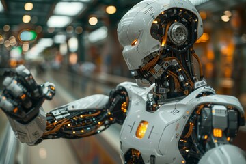 Fototapeta premium A close-up of a humanoid robot reaching out with its mechanical arm, showcasing complex inner components and sophisticated design in a futuristic setting