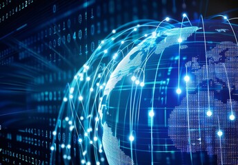 Fototapeta premium Digital blue background with glowing lines and binary code on the globe, symbolizing the global network connection technology concept
