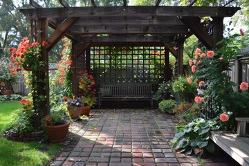A beautiful garden pergola adorned with vibrant red and pink flowering plants, providing a serene and picturesque seating area on a sunny day