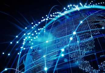 Obraz premium Digital blue background with glowing lines and binary code on the globe, symbolizing the global network connection technology concept
