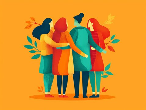 Four diverse women standing together, embracing in a show of unity and support.