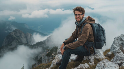 tourist on top of the mountain, portrait of a traveler 