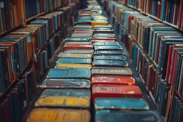 A well-organized view of rows upon rows of shelves filled with countless colorful books in a grand library, creating an impression of an endless collection