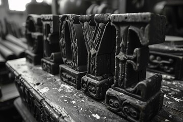A beautifully detailed monochrome image showcasing intricately carved wooden letterpress blocks arranged atop a weathered, paint-chipped workbench