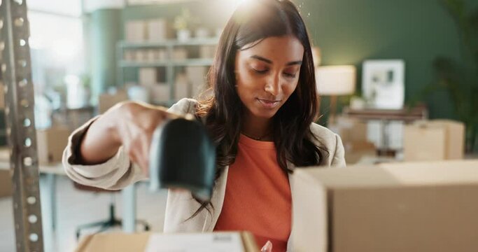 Package, logistics and woman with scanner for ecommerce, online order and small business owner. Retail, ccd reader and supplier with boxes for shipping, female person and entrepreneur in warehouse
