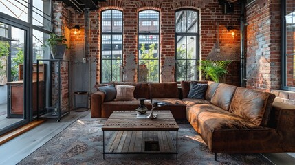 Industrial Chic: Depict an industrial chic interior with exposed brick walls, metal fixtures, and modern furniture