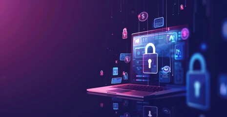 A laptop with symbols of security and money on its screen, in a vector illustration.