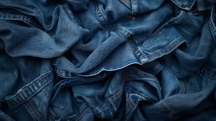 Close-up photograph of crumpled blue denim fabric showcasing detailed texture, stitching, and folds, emphasizing the intricate weave and natural wear patterns - Powered by Adobe