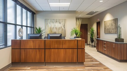 A modern office reception area featuring a wooden desk with plants, two computer monitors, and...